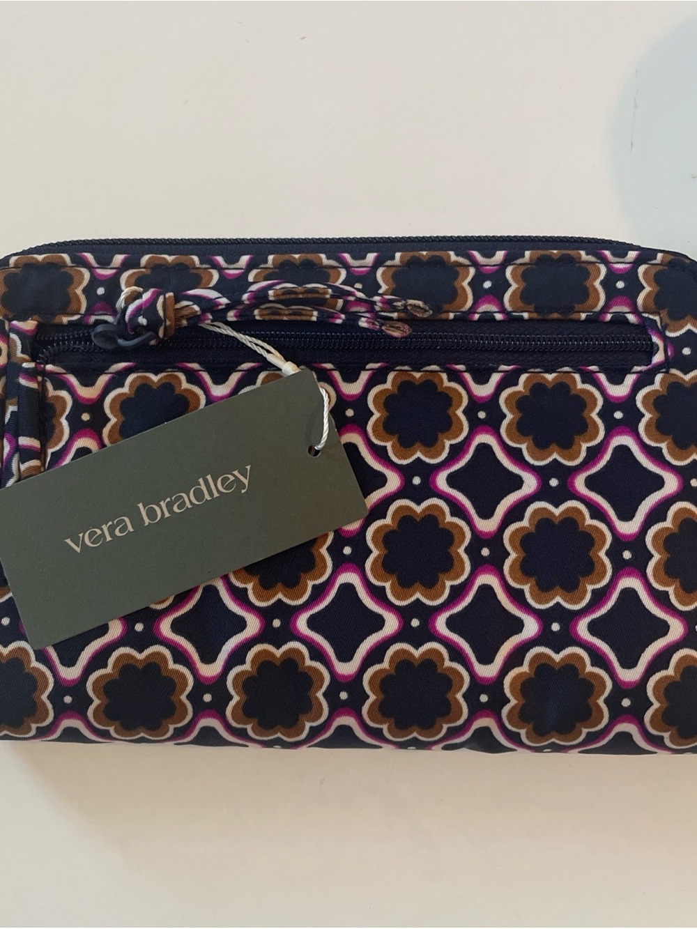 Vera Bradley Navy Floral Geometric Zip Pouch with Pink Accents